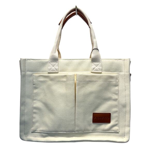 Fioretto Handbags - Canvas Tote Bag Cream Off White Laptop Work Teacher Nurse Organizer Crossbody